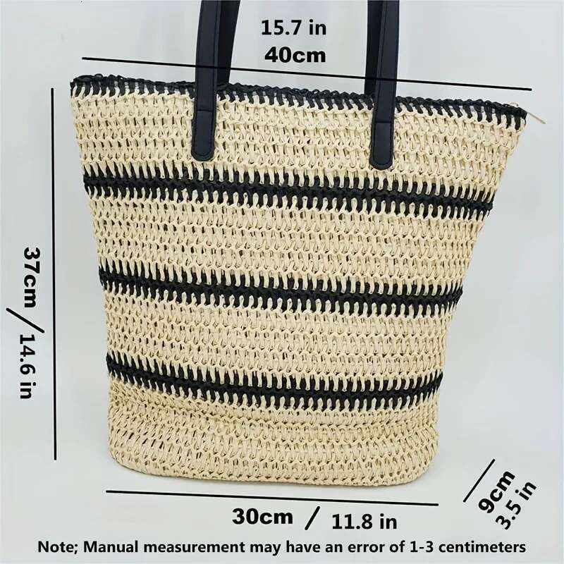 Large Boho Chic Striped Woven Tote Bag, Spacious Shoulder & Shopping For Women With Black And White Design, Beach Bag