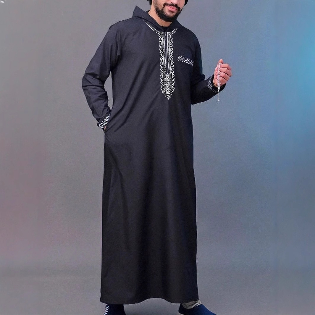 2025 New Designer Clothing New Loose Hooded Men's Embroidered Long Sleeved Muslim Clothing Long Robe Fashion