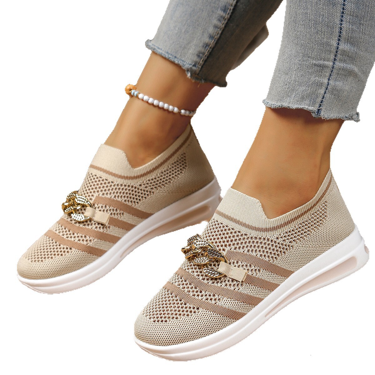 New Metal Chain Slope Heel Thick Bottom One Step Breathable Lightweight Mesh Large Casual Single Shoe For Casual Shoes Women Ddmysaturn
