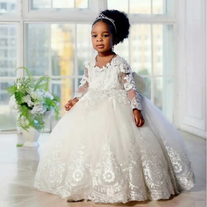African White Ivory Flower Girl Dresses for Bride Jewel Long Sleeves Appliqued Beaded Lace Tiered Tulle Flowergirl Dresses Little Kids Birthday Party 