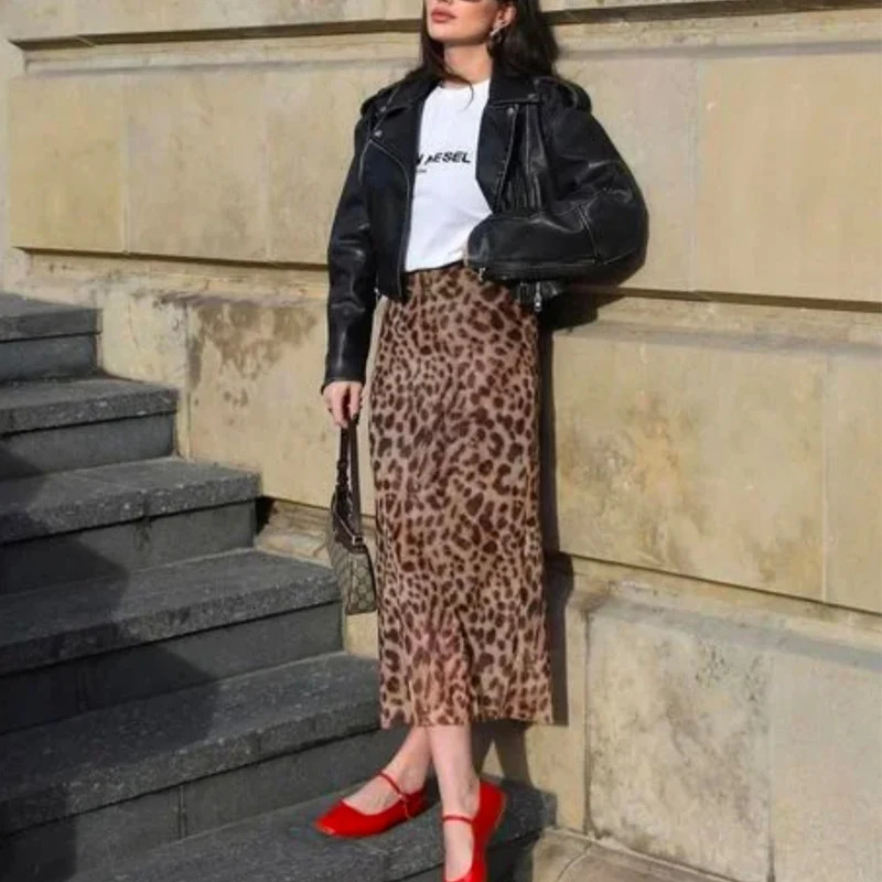 TRAF Leopard Long Skirts Womens Spring Summer Autumn Elegant Party Printed Ladies Fashion Casual Office Midi 250520