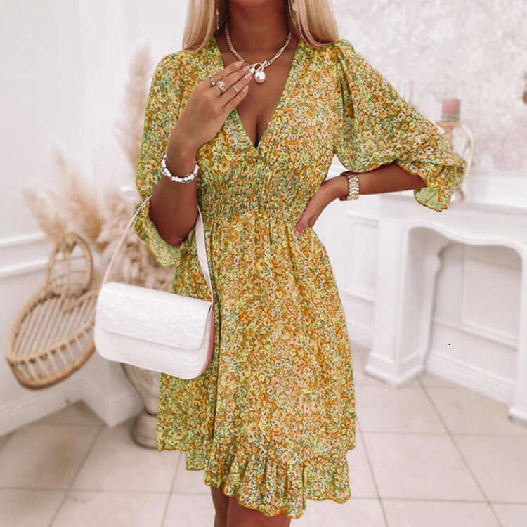 Vestido Vestidos Elegantes Partydress Vestidos De Noche Tender 2025 Womens New Mid Length Skirt with Waist Cover and Bohemian Printed Short Sleeve Flo