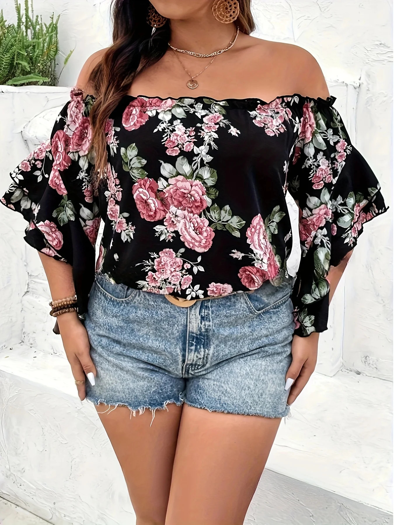 Plus Size Summer Women Elegant Chiffon Shirt Floral Print Off the Shoulder Tops Ruffle Sleeve Curve Clothing 250514