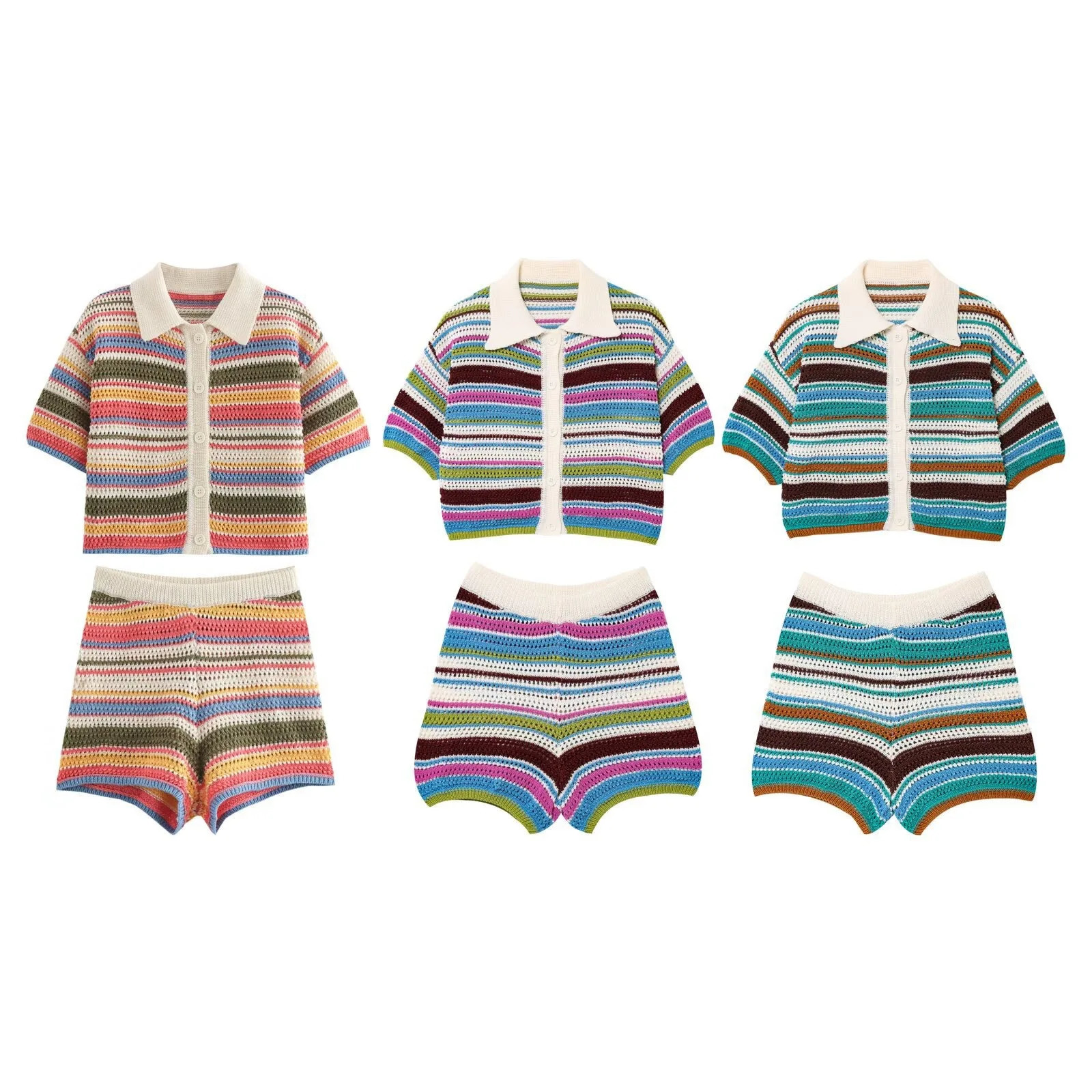 2 Pieces Chic Striped Knitted Hollow Out Shorts Suit Fashion Women Button Down Lapel Loose Shirt Set Casual Lady Vacation Outfit 250516