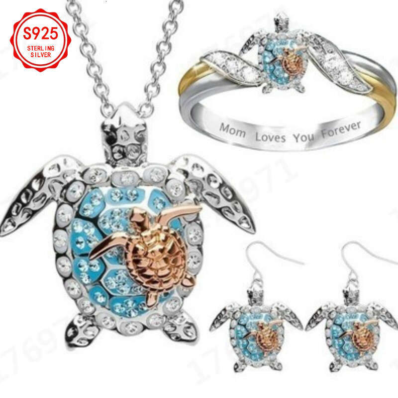 Creative Turtle Two-color Necklace Earrings Ring Set S Sier Weight 8g Inlaid with Moissanite Necklace Daily Wear Birthday Valentine'S Day Women&#