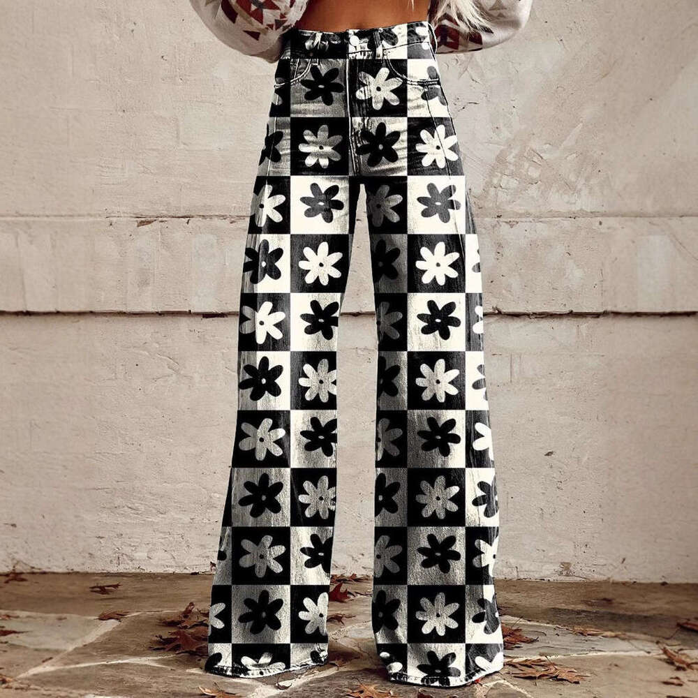 Women's Casual High-Waisted Wide-Leg Jeans - Printed Stretch Design for All-Day Comfort
