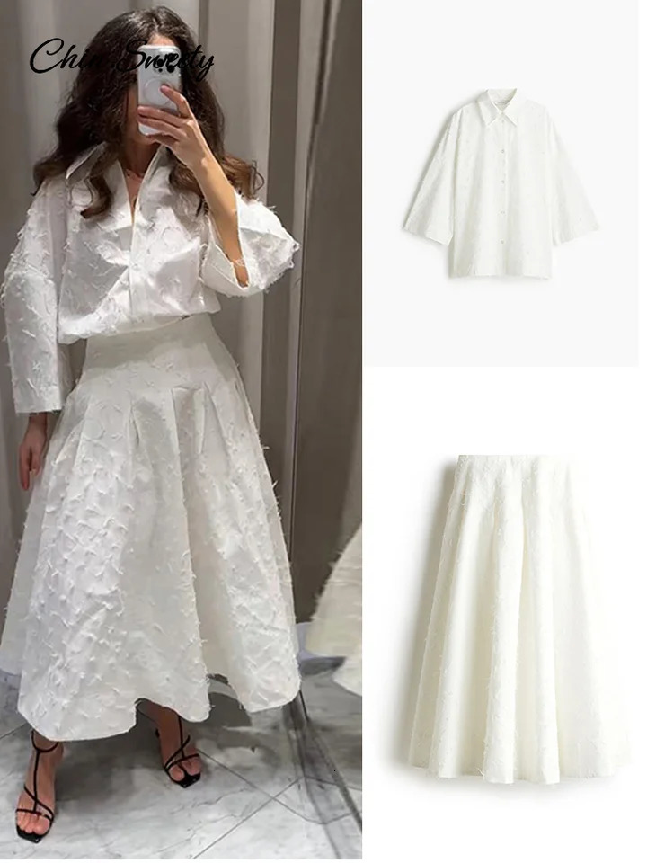Elegant Tassel Shirt Skirt Set Women White Lapel Long Sleeve Top High Waist Pleated Maxi Skirts Suits Summer Lady Outfits 250520