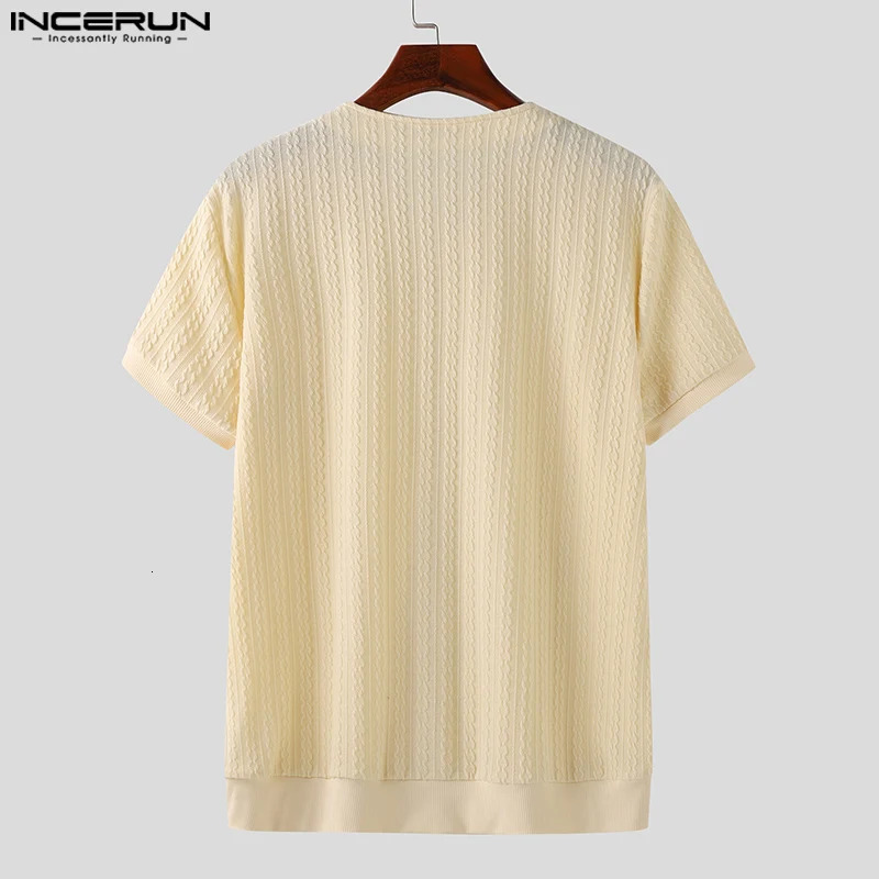 INCERUN Men Shirt Solid Color V Neck Short Sleeve Streetwear Summer Clothing Korean Style Knitted Fashion Male Shirts 250520