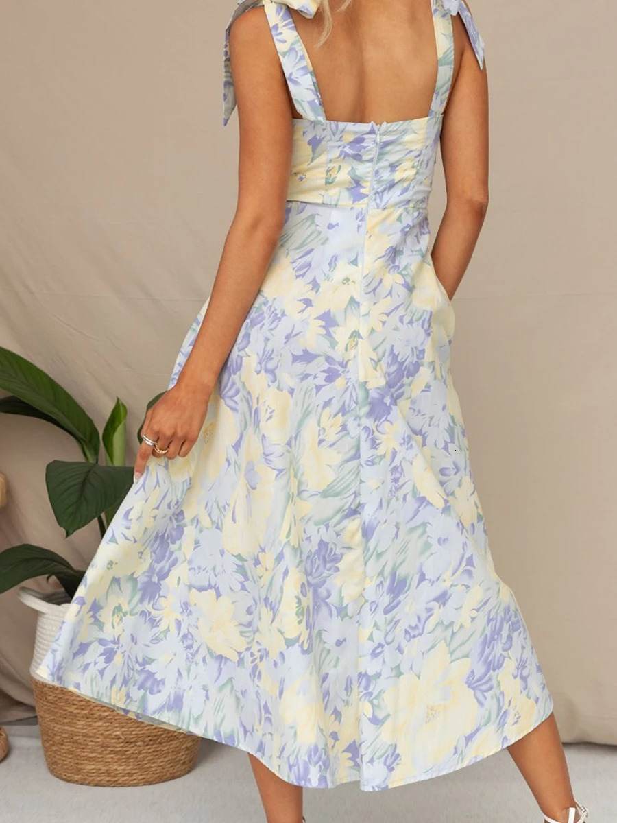 Women Sling Dress Sleeveless Lowcut Tieup Flower Print Summer Long for Cocktail Party 250520
