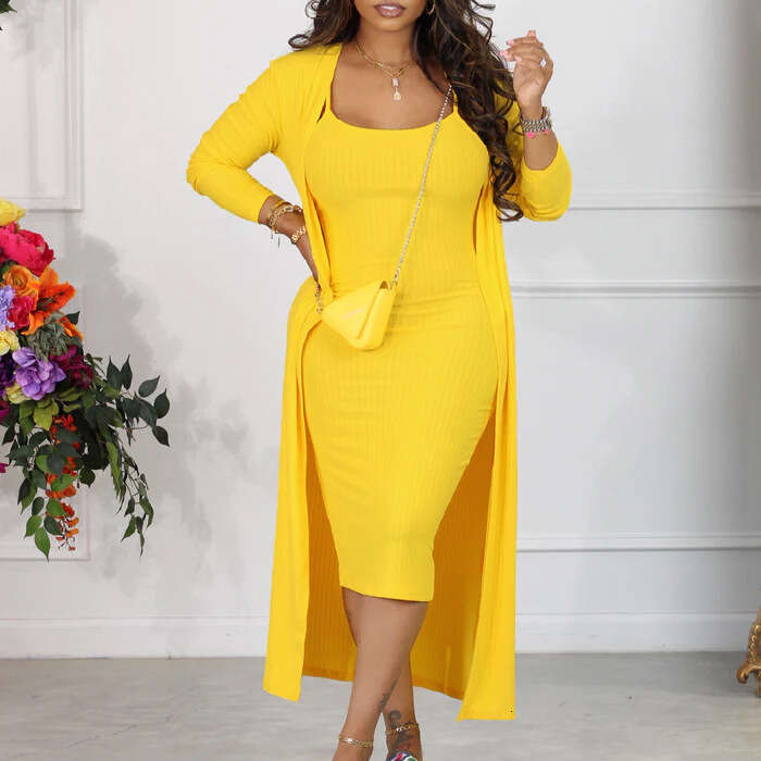 Women's Wear Women's Autumn/Winter New Casual Solid Color Sling Dress Long Two Piece Set