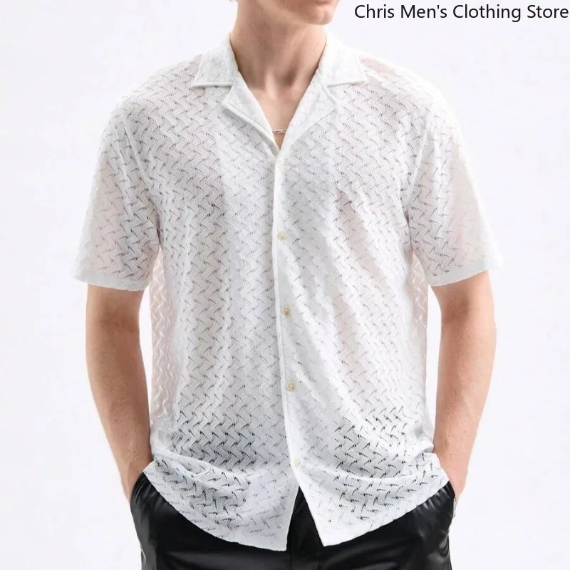 Summer Relaxed Casual Business Thin Breathable Mens Shirt ner Fashion Hollowout Perspective Men Tshirt 250520