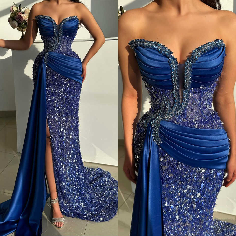 Sexy Beaded Mermaid Evening Dress Crystal Strapless Sleeveless Lace Prom Gowns High Splits Floor Length Party Dresses Customized