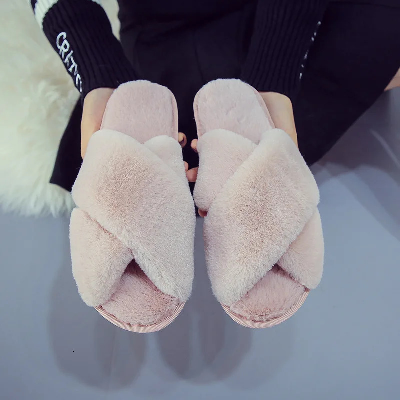 Winter Women Home Indoor Casual Slippers Female Flip Flops Fluffy Shoes Cross Slides Ladies Soft Warm Plush Slipper 250516