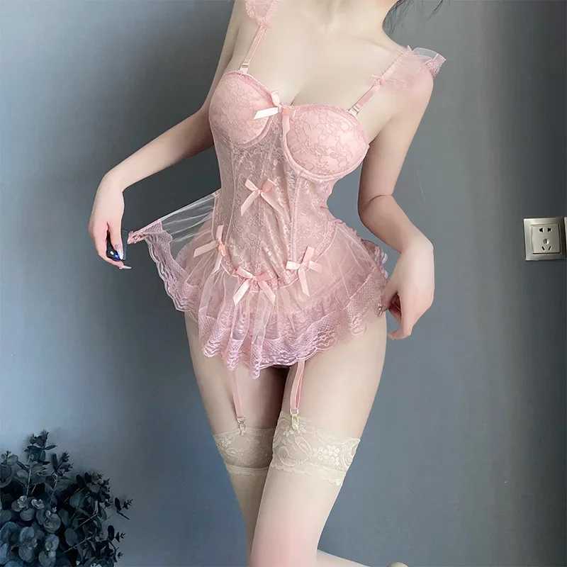 Porno Lingerie Lace Sexy Mesh Steel Ring Bra Vest Skirt Hollow Backless Set Temptation Slim Sling Skirt Couples Sex Homewear R250520