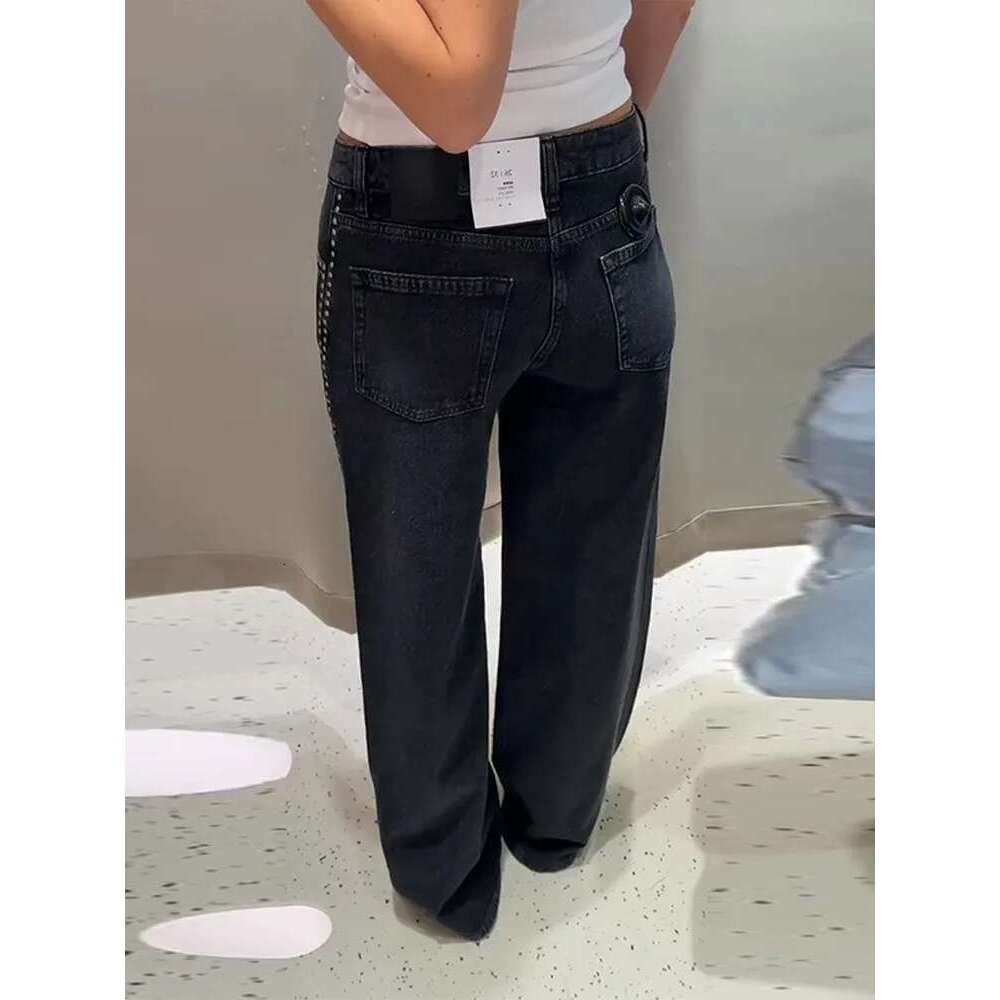 Punk Pant Edge Rivet Women's Jeans Black Denim Loose Straight Mopping Pants Female 2025 Fashion New All-match Lady Trousers
