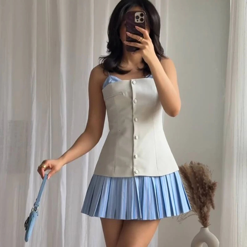 TRAF Patchwork Stripe Womens Dress Sleeveless Slip Mini Woman Summer Pleated Short Dresses Backless Party 250520