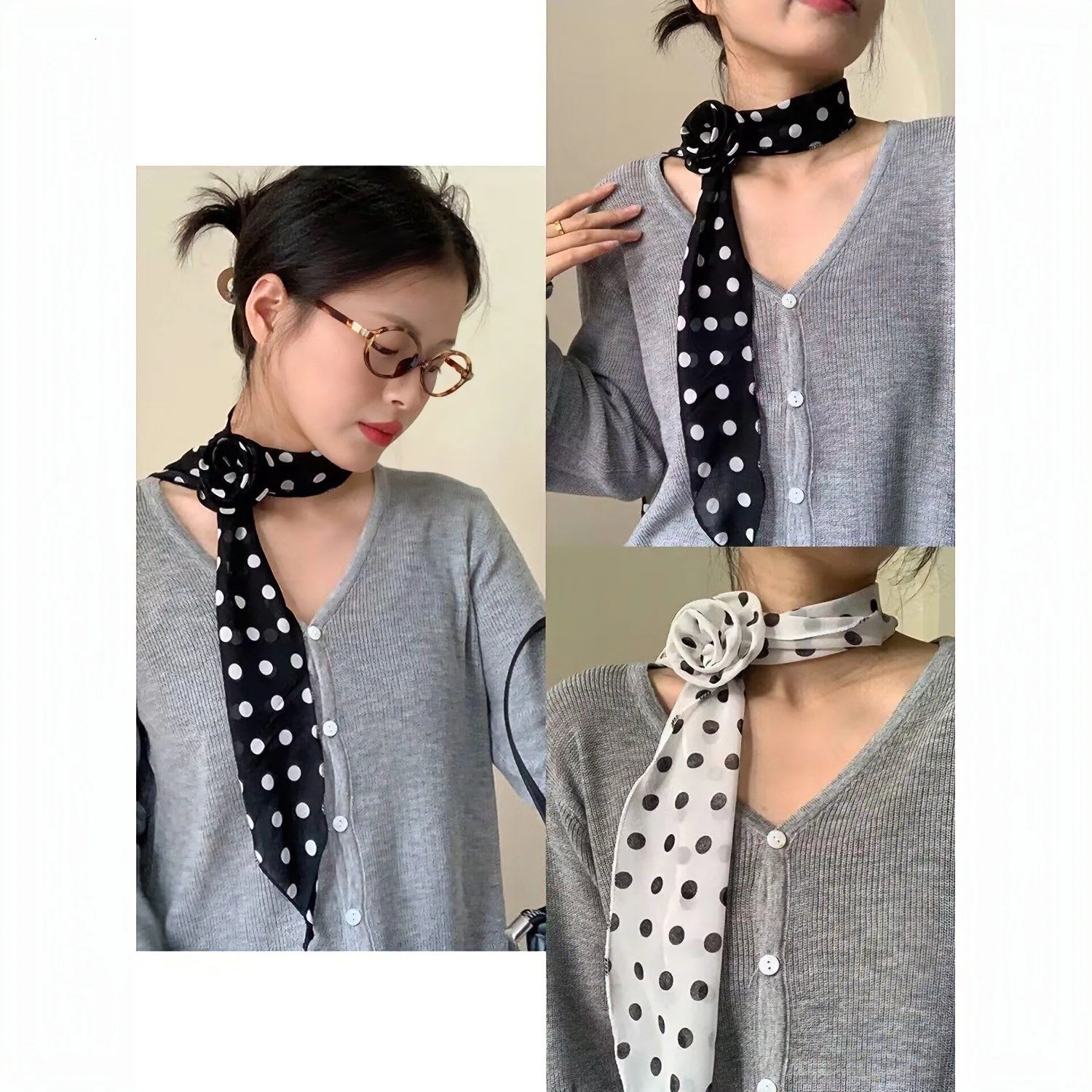 Womens Silk Scarf Korean Version High Grade Silk Scarf Womens Long Polka Dot Rose Bib Ribbon Stylish Everything Girls Gifts 250517