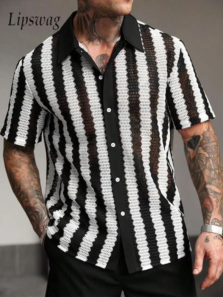 Trendy Mens Knitted Shirts Summer Casual Hollow Out Breathable Cardigans Men Beach Fashion Short Sleeve Striped Knit Shirt 250520