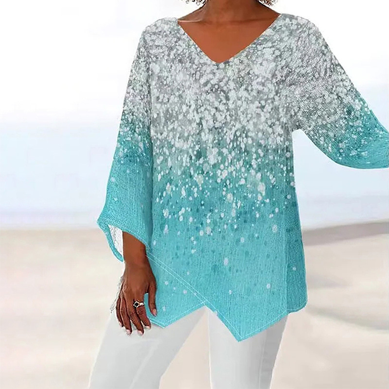 2025 New Designer Clothing Plus Size Women's T-shirt Casual Loose Print Long Sleeved V-neck Top Casual Trendy T-shirt