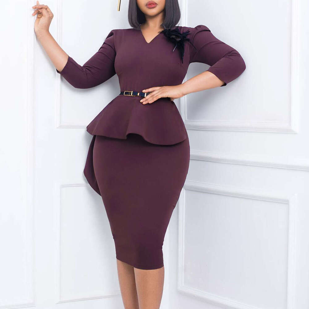 Women's Wear D3221 Women's New Ruffled V-Neck Wrapped Hip Temperament Pencil Dress