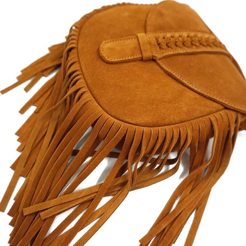 Women Genuine Leather Suede Medium Size Stylish Braid Shoulder Boho Hippie Gypsy Ibiza Bohemian Fringed Phone Side Sling Bag