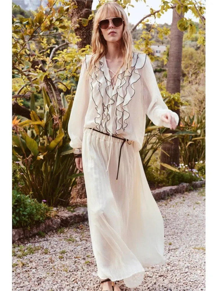 TRAF Flowy Skirt Set Women 2 Piece Semi Sheer Blouse With Ruffle Trims Elastic Waist Skirts Belt Two Outfit 250520