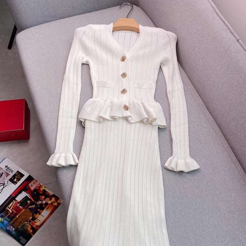 Yuoomuoo Brand Fashion One-Piece Knitted Maxi Women Elegant V-Neck Ruffled Slim Waist Bodycon Sweater Dress Party Vestido Designer