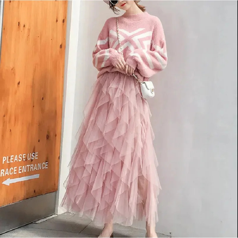 Tulle Skirts for Women Long Length Tutu Fairy Tiered Skirt A Line Mesh Elastic Waist Big Hem Black Gray Pink Beige 250520
