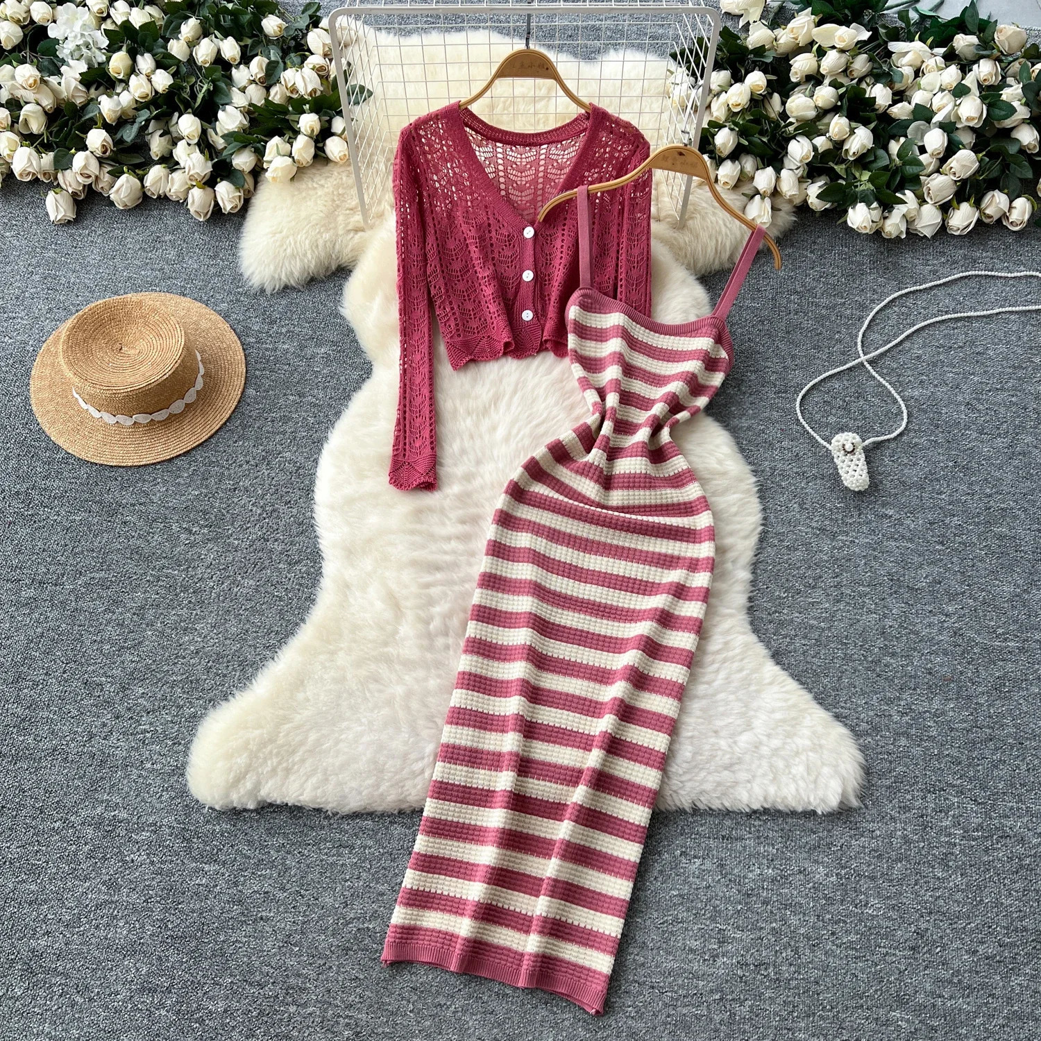 Solid Two piece set Hook flower hollow striped sweet Dress Women Fashion Summer Skirt women clothing 250520