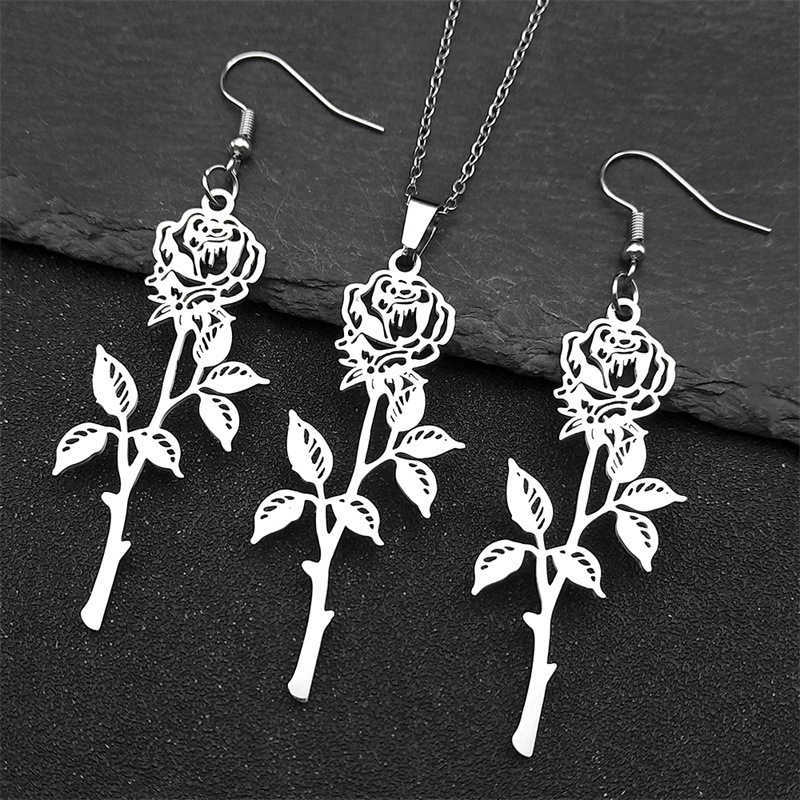 Hiphop Rose Pendant Necklace Mens Stainless Steel Silver Black Charm Chain Jewelry Gift W250325