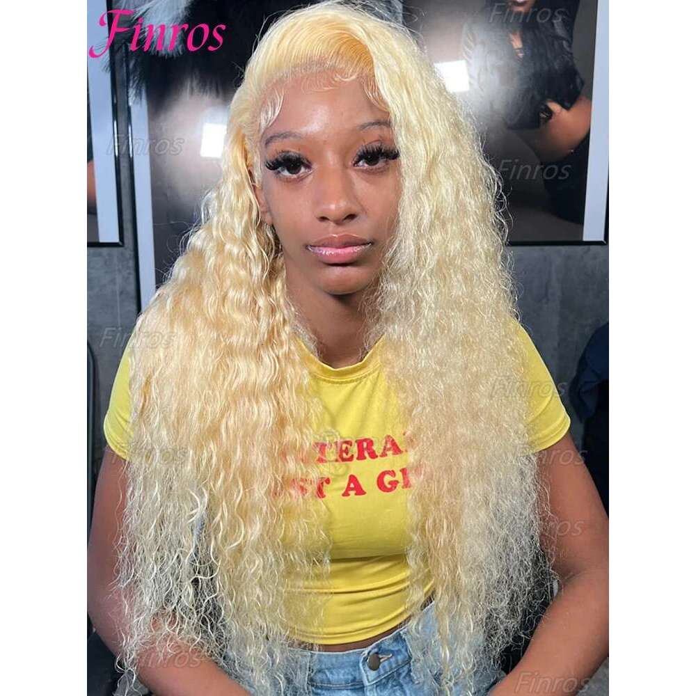 Finros 613 13x6 HD Frontal Deep 13x4 Transparent Lace Curly Human Hair Wigs for Women Blonde Water Wave Wig