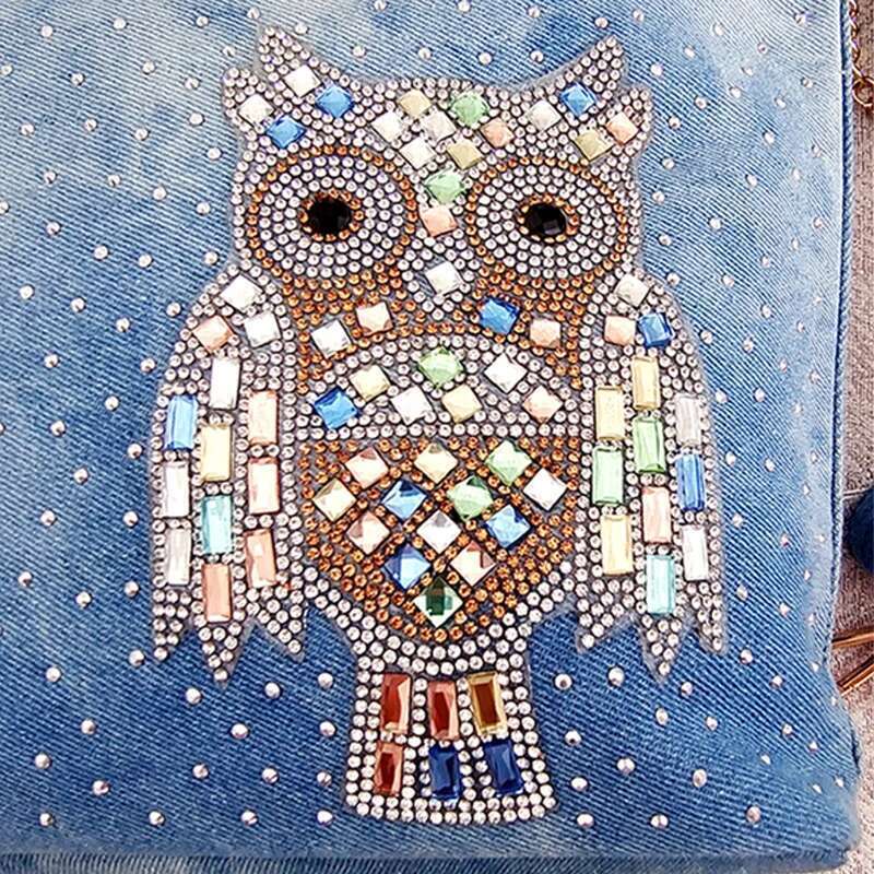 Ipinee Dia Inlaid Multicolored Owl One Shoulder Messenger Small Fresh Denim Rivet Portable Bucket Bag