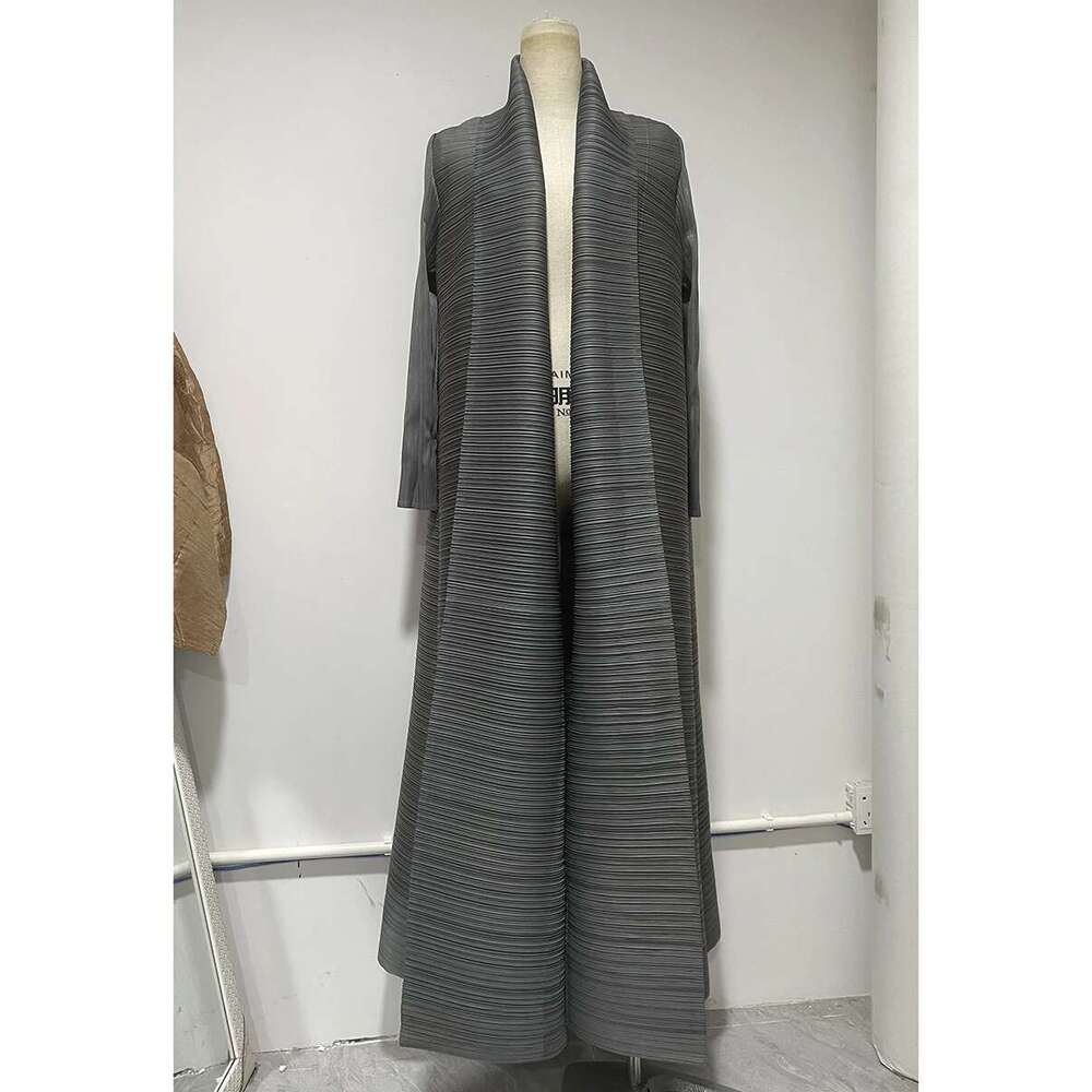 Miyake Pleated Turndown Collar Sleeve Cardigan Dress Long Coats Women 2024 New Abaya Fashion Solid Loose Large Size Clothes Designer