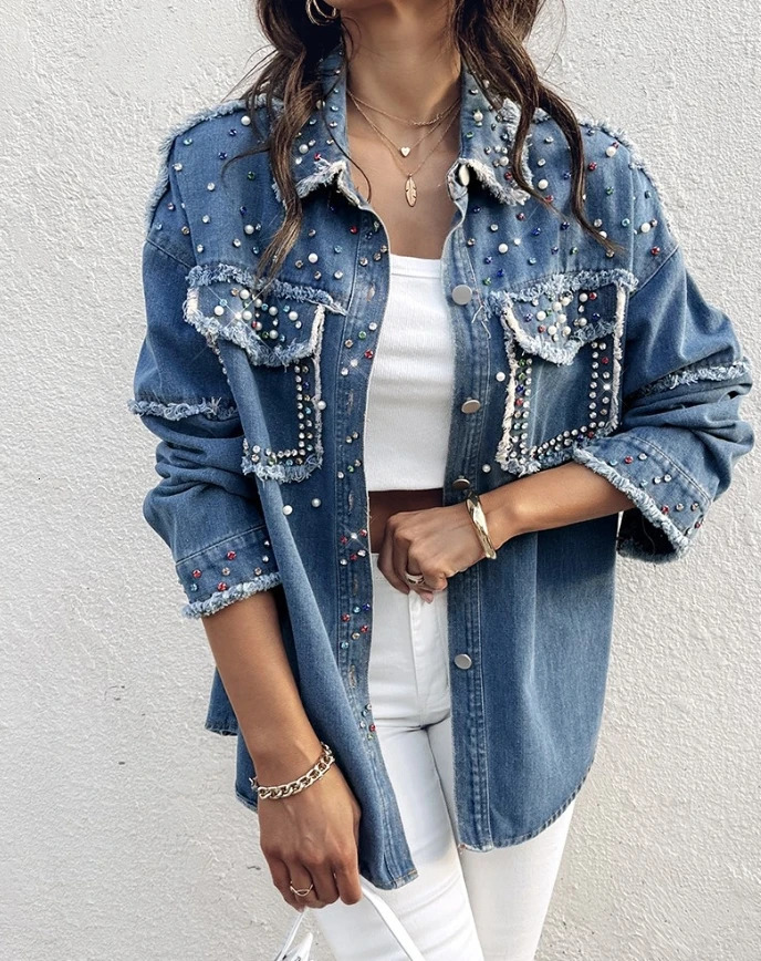 Trendy Womens Denim Jacket Colorful diamond decorated vintage denim jacket with pocket buttons long sleeved collar 250519