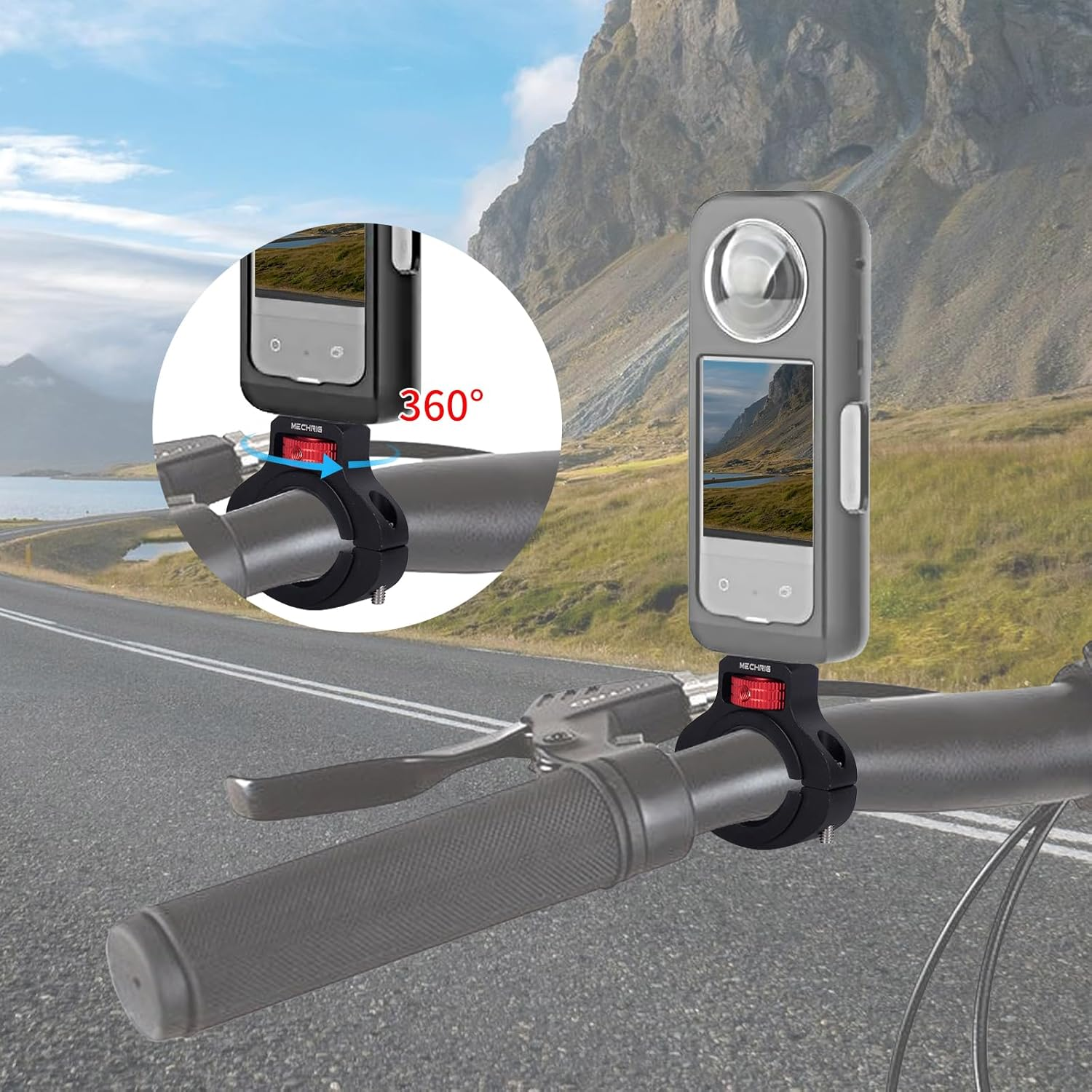 Aluminum Handlebar Mount for action camera ,Insta360,DJI Osmo,Akaso & Fill Light.360 Rotary Camera Mount w/Side Reinforcement & Anti-Reverse for Motor