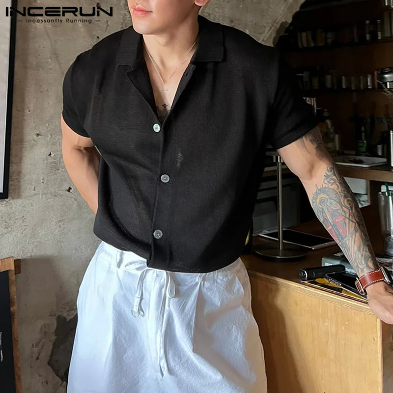 INCERUN Tops Korean Style Mens Solid Knitted n Shirts Casual Street Allmatch Comfortable Short Sleeved Blouse S5XL 250520