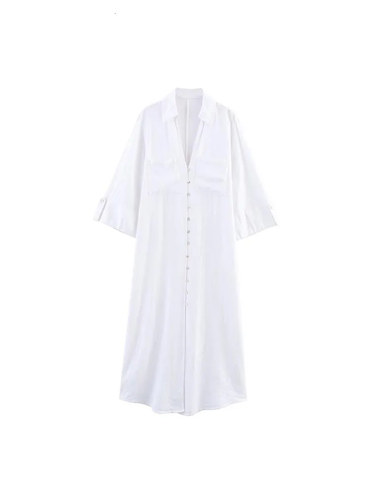 Women Summer Shirts Dress Vintage Solid Linen VNeck 34 Sleeve Loose Female Elegant Street MIDI Dresses Clothing 250520