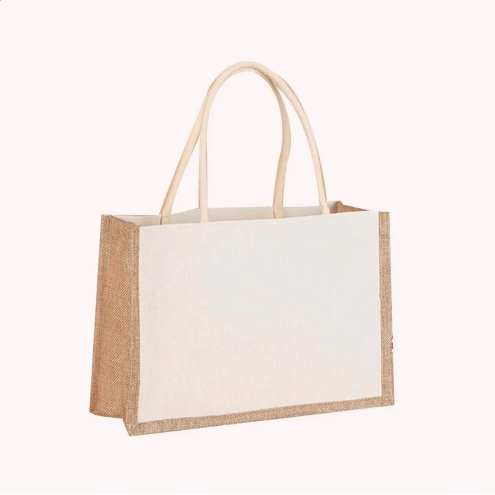 Women Burlap Jute Tote Bag Large Capacity Canvas Casual Shopping Bag Contrast Color Ladies Outdoor Handbag 250516