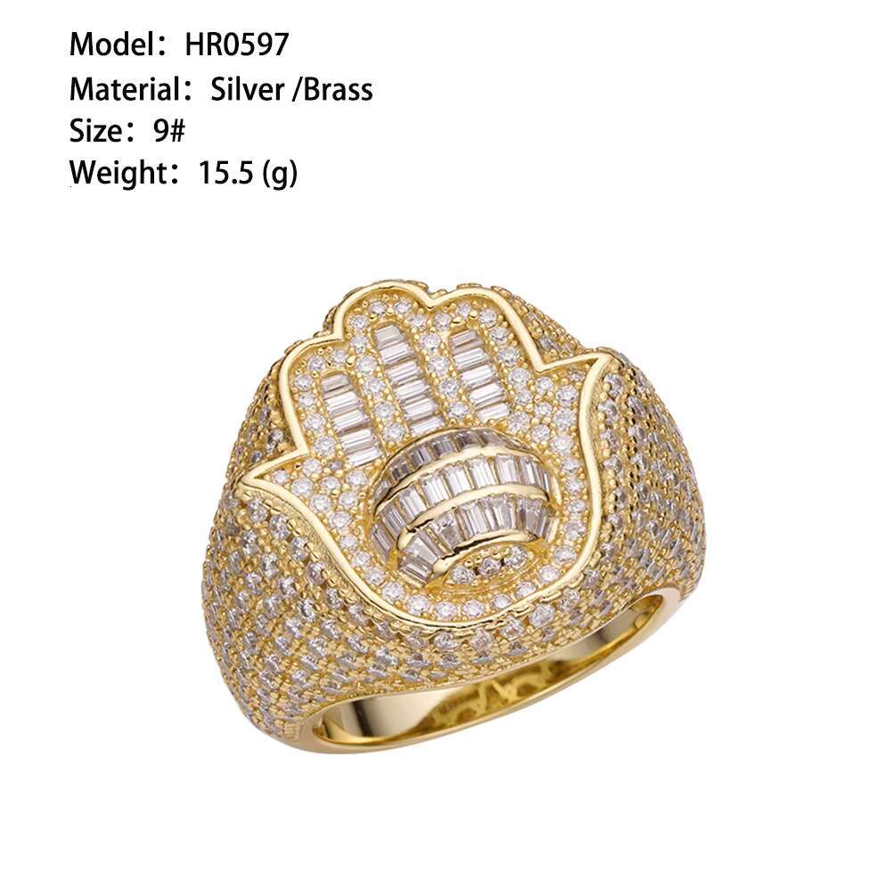 Hip Hop Bling Iced Out Zirconia Popular Custom 925 Plata Vintage 14K Baguette Iced Out Hamsa Hand Fatima Ring