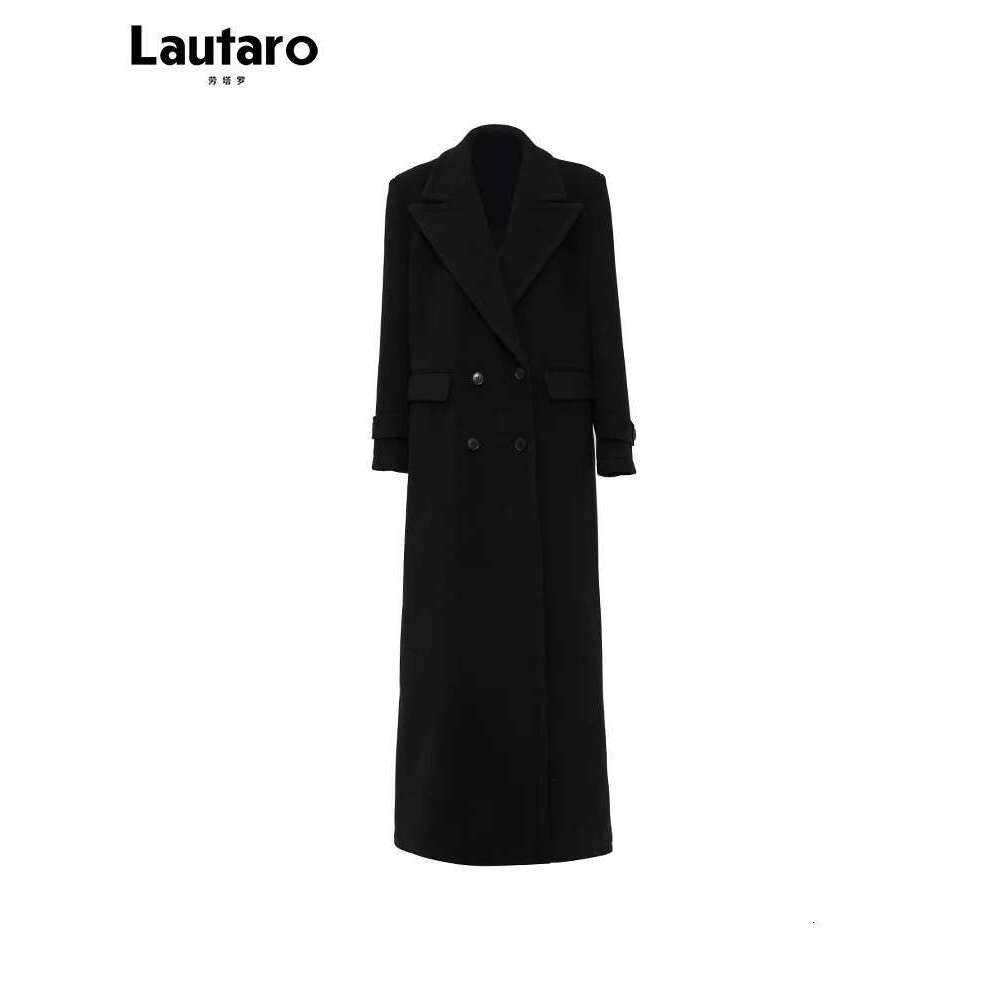 Lautaro Winter Extra Long Black Warm Soft Wool & Blends Coat For Women High Quality Loose Casual Woolen Overcoat 2024