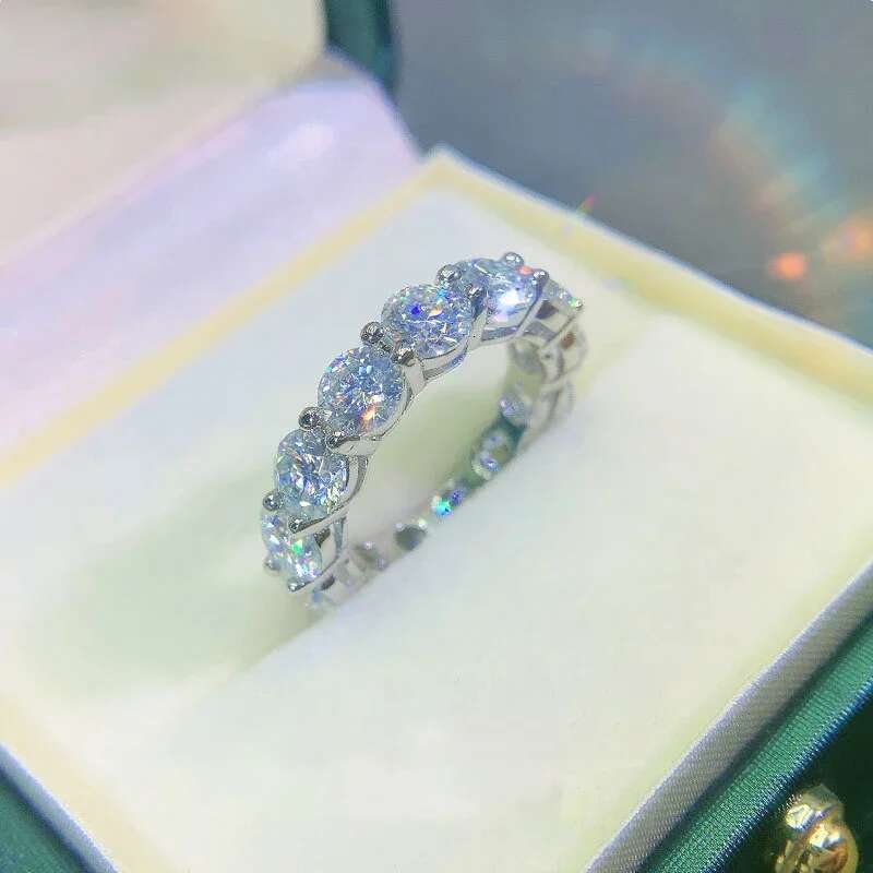 Real 5mm D Color Moissanite Ring For Women S925 Sterling Silver Plated with White Gold Eternity Wedding Band Party Fine Jewelry
