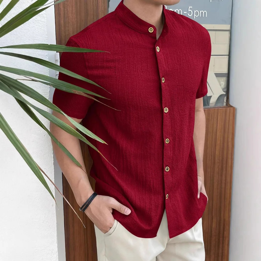 Men Loose Knit Solid Color Casual Short Sleeve Shirt 250520