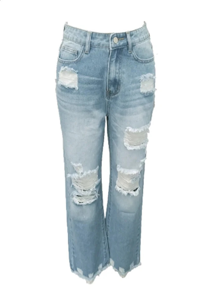 Pocket Ripped Pants Solid Color Mid Waist Womens Straight Leg High Street Fashion Daily Commuting Style Spring Jeans 250513Z