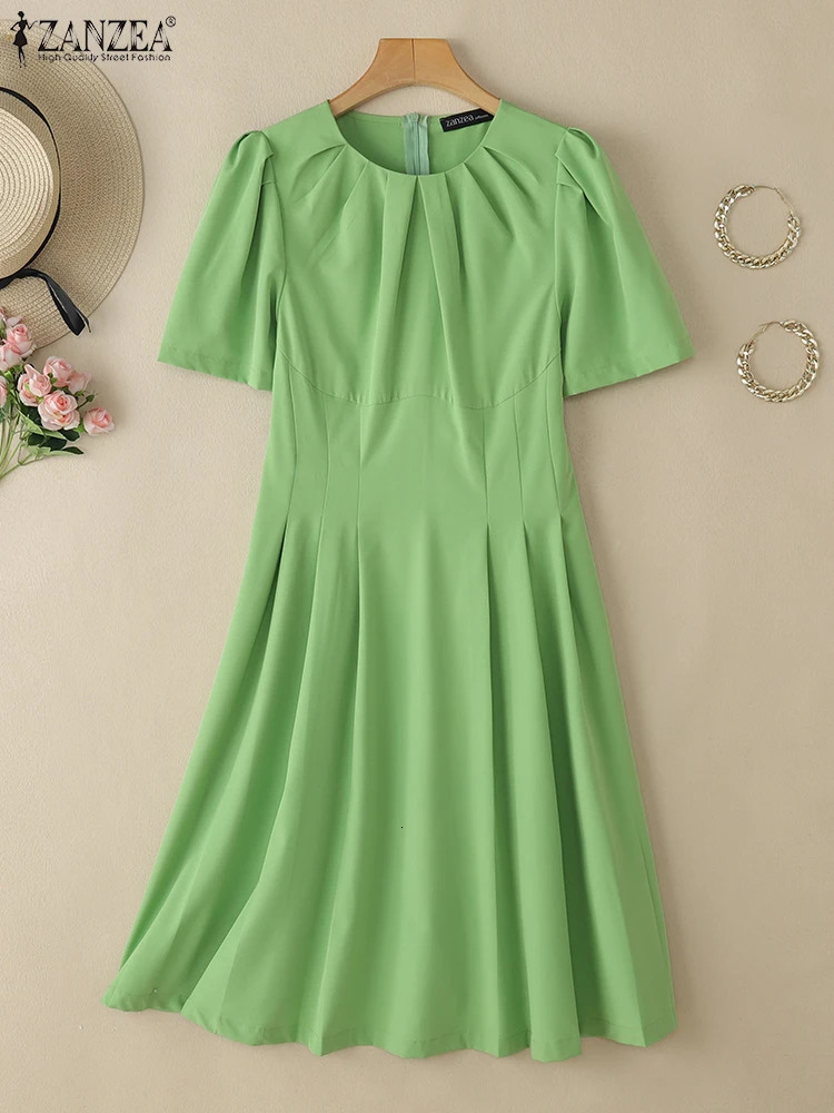 ZANZEA Office Lady Dresses Women Summer Solid Pleated Dress Elegant Short Sleeve Party Vestidos Stylish Holiday Midi Sundress 250520