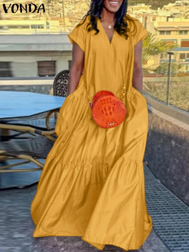 Plus Size VONDA Women Bohemian Dress 2025 Summer Sundress Solid Color Casual Short Sleeve Party Ruffled Vestidos V-Neck Robe 250519