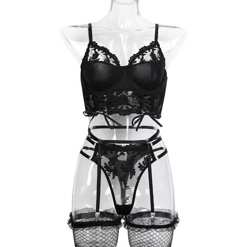 Sexy Embroidery Lingerie Suit for Women Mesh See-through Stocking Underwear Set Exotic Sexy Garters Lingerie 4-piece Set R250520