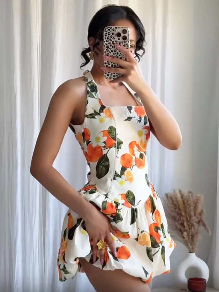 Women Printing Halter Dress Elegant Backless Sleeveless High Waist Slim Fit Mini Dresses Lady Summer Party Evening Vestidos 250520