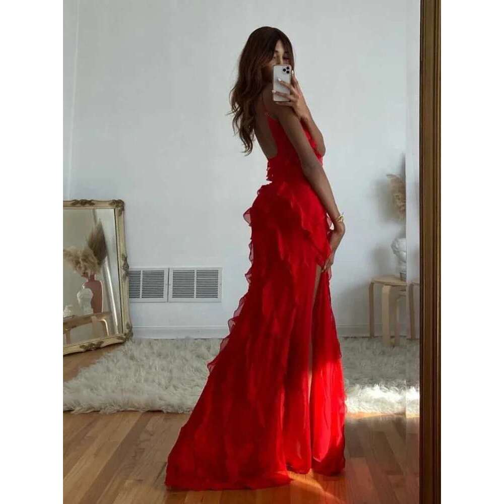 2024 Summer Fashion New Elegant Women's Sexy Chiffon Vacation Sling with Ruffle Edge Style Long Dress