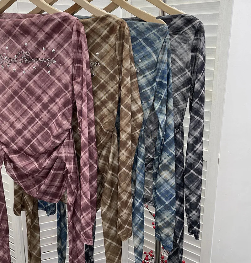 Women Vintage Plaid Mesh Long Sleeve Shirt Sexy One Shoulder Backless Irregular Ribbon Y2K Short Top Partyclub Streetwear 8073 250517