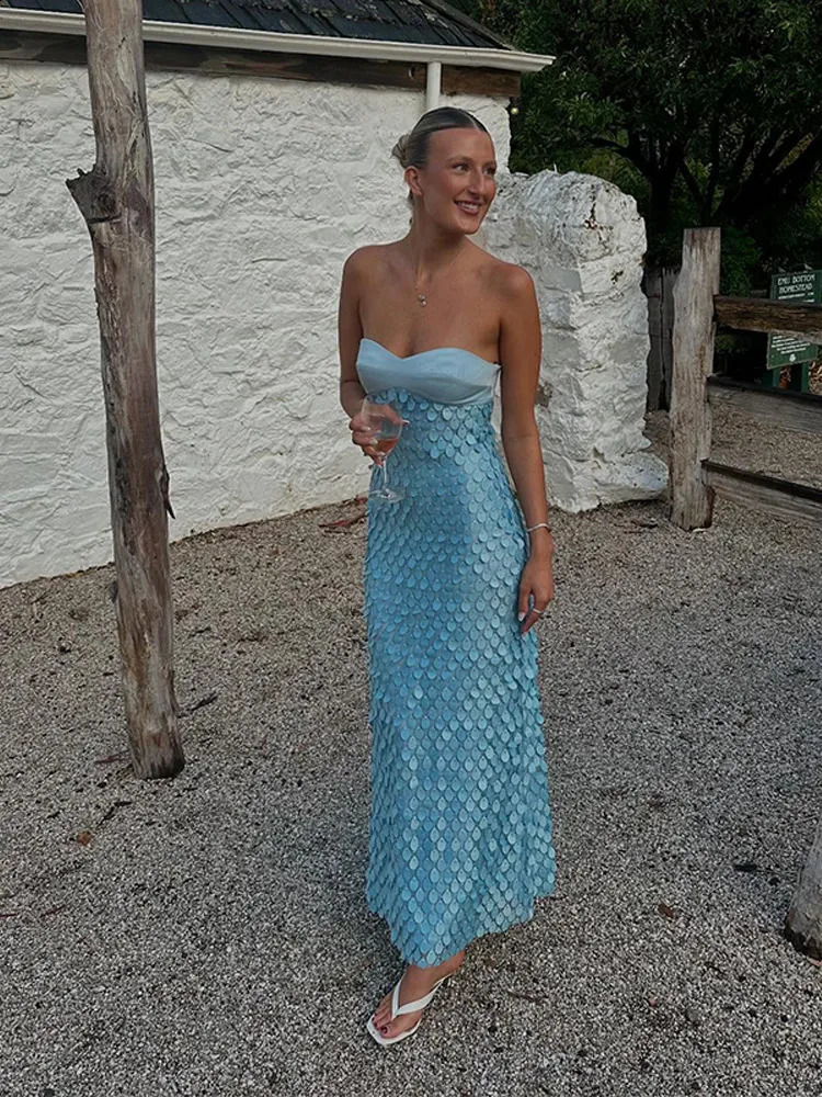 Elegant Sexy Long Dress Women Strapless Slim Patchwork Vestidos Female Spring Summer Chic Party Beach Holiday Robe Lady 250519